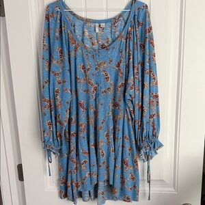 Vibrant Blue Floral Tunic with Tie Sleeves